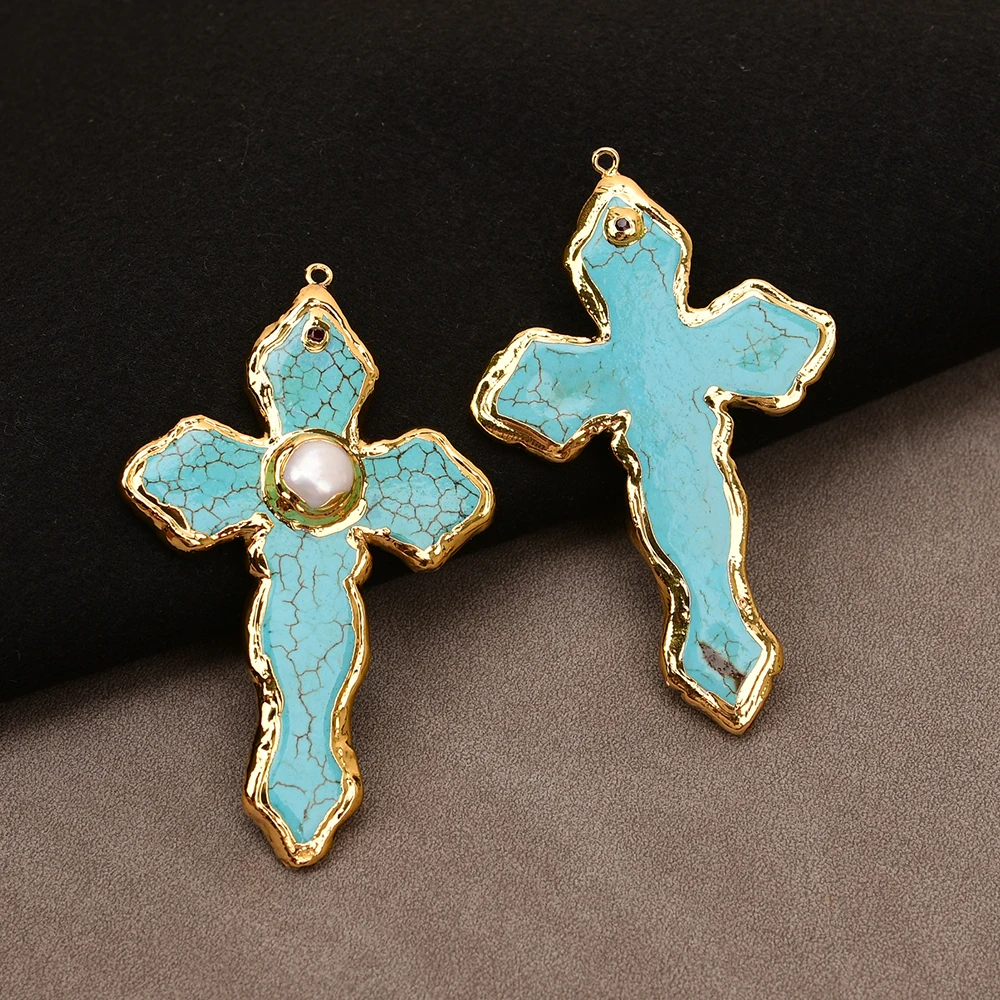 APDGG No042 2 Pcs Big Blue Stone Turquoise White Keshi Pearl Crucifix Charms Pendant view 5
