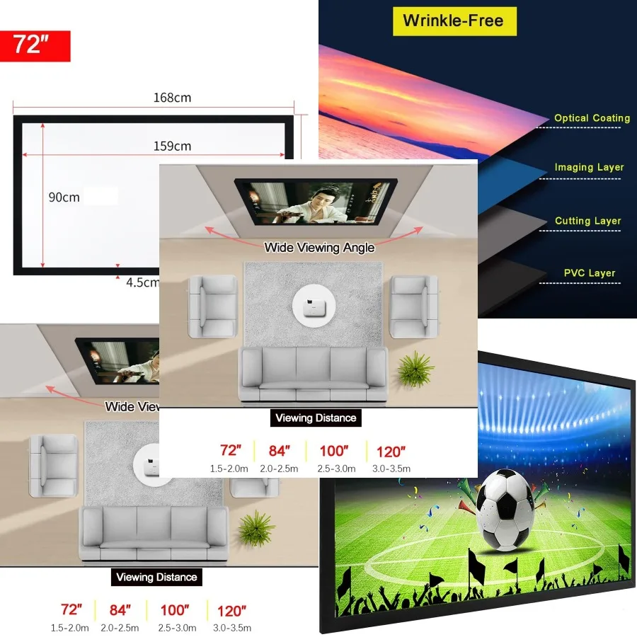 72 84 92 100 inch Projector Screen Fixed Frame, 16:9 HD 3D Ready Wall Mount Projection Screen for Home Theater, Office, Indoor,