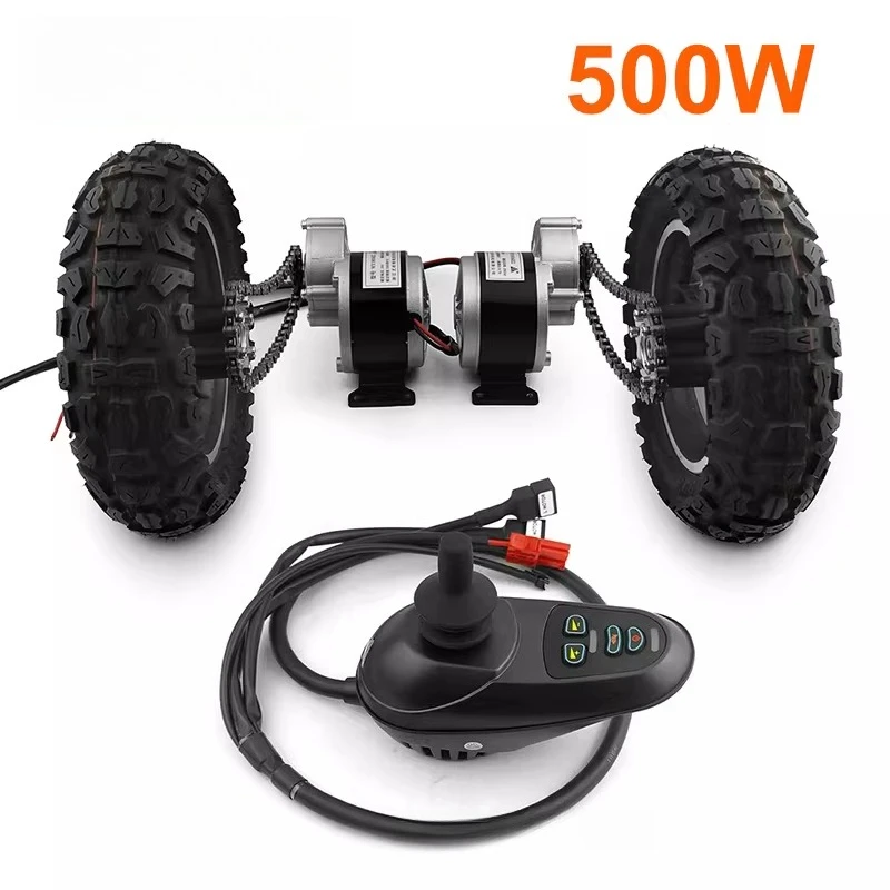 500W 10 Inch Dual Drive Pneumatic Tire Electric Conversion Kit Joystick Controller for Wheelchair Trolley Flatbed Cart DIY