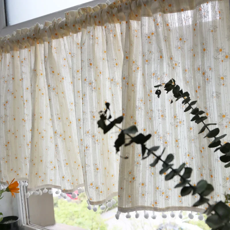 

Cotton Fashion Daisy Short Curtains Road Pocket Shade Floral Tassel For Kitchen Bedroom Living Room Bay Window Cabinet Curtain