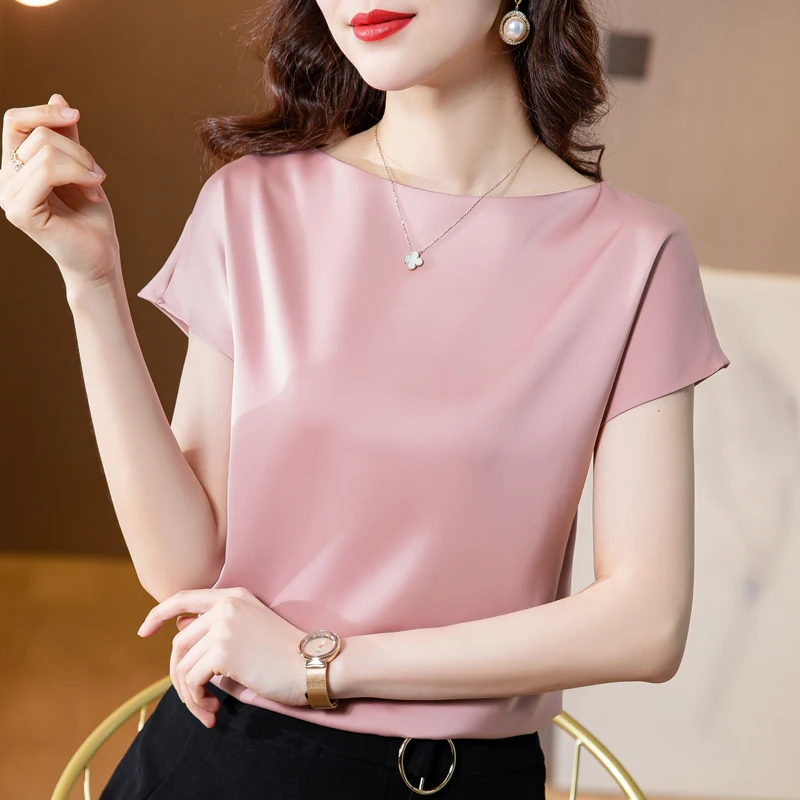 

Acetate Satin Bat Sleeve Women's Blouse 2025 Summer Fashionable Versatile Short Sleeve Blouses Solid Ladies Tops Female Clothing