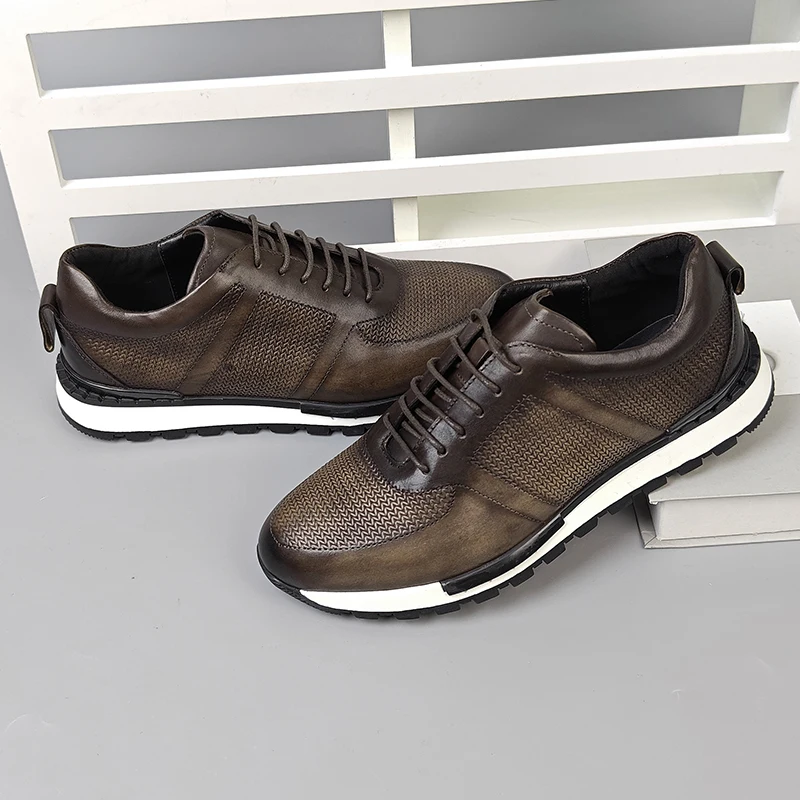 Men's Genuine Leather Lace-Up Sneakers Handmade Antiquing & Rubbing Finish Fashionable Casual Shoes with Textured Patchwork