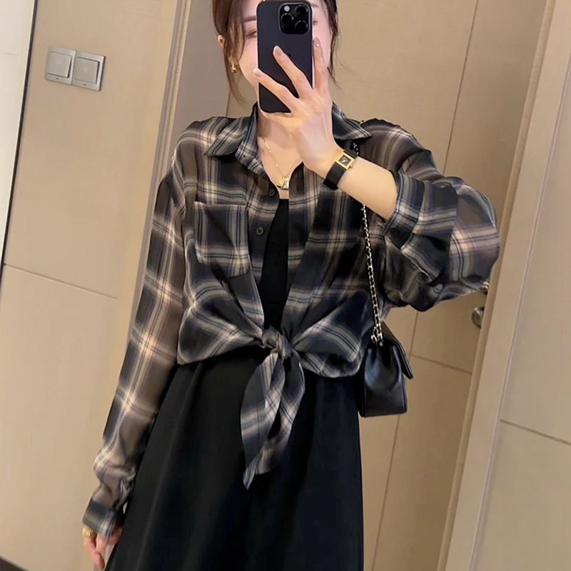 Plaid Women Shirt Korean Loose Sweet Thin Long Sleeve Female Blouse Summer New Fashion All Match Button Casual Ladies Tops