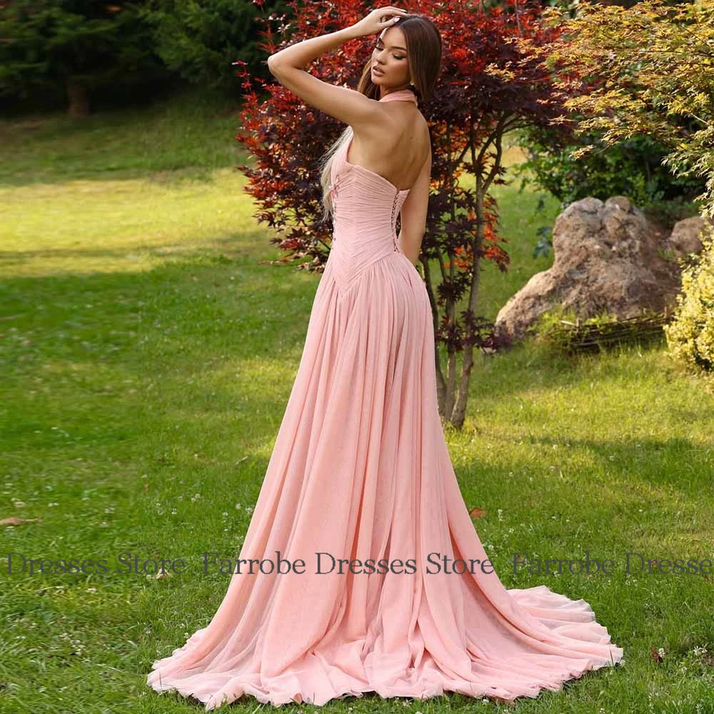 

Мечтательные женские вечерние бальные платья, шифоновое платье трапециевидной формы на день рождения, розовое, с лямкой на шее, плиссированные, с рюшами и аппликацией, платья для выпускного вечера, длинные платья 2025