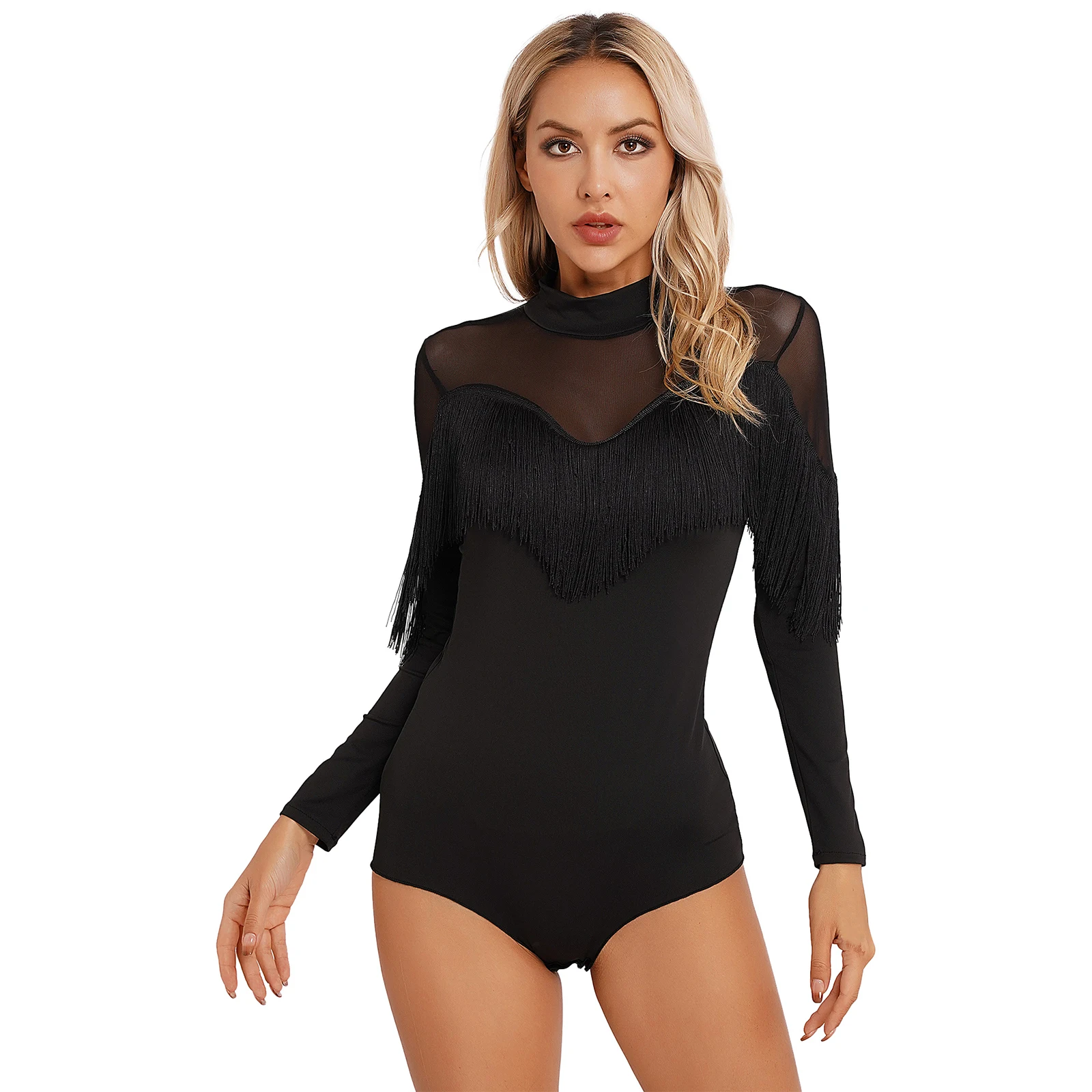 Damen Sheer Mesh Fransen Bodysuit Mock Neck Langarm Quaste Trikot für Tango Cha-Cha Latin Tanz Performance