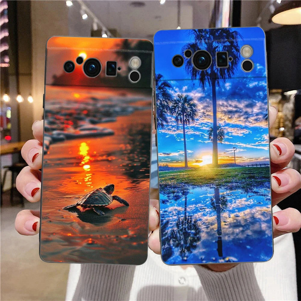 Summer Beach Scene at Sunset on sea Palm Tree Phone Case For Google Pixel 9 8 7 6 Pro XL 8A 7A 6A TPU Shell Shockproof Cover