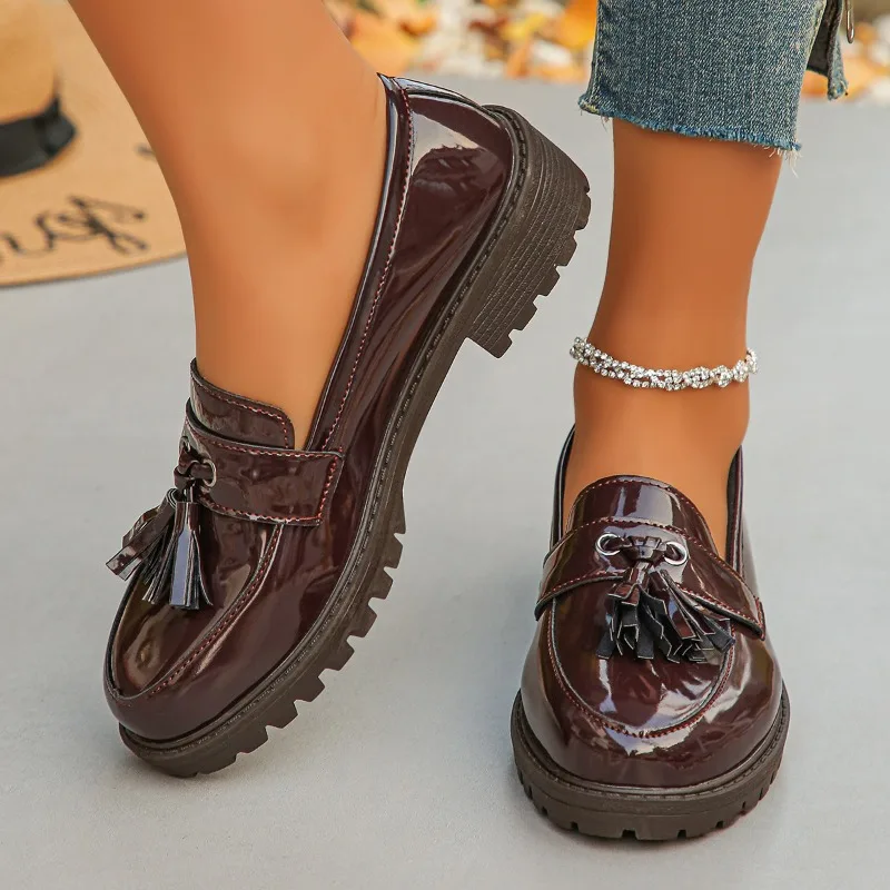 

Large Size 42 Spring/autumn New Style British Style Thick Soled Small Leather Shoe with Tassel and Loafers Single Shoe for Women