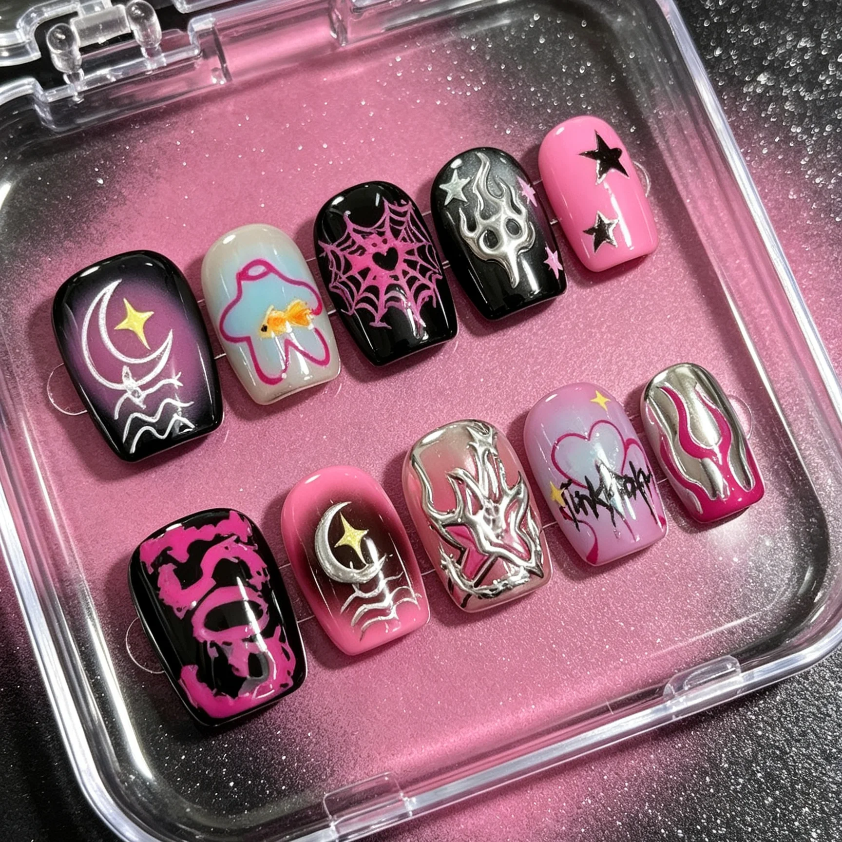 10 Hand Pressed Short Square Nails, Beautiful Fake Nails, Black Pink Abi Xingyue, Suitable for Women to Use