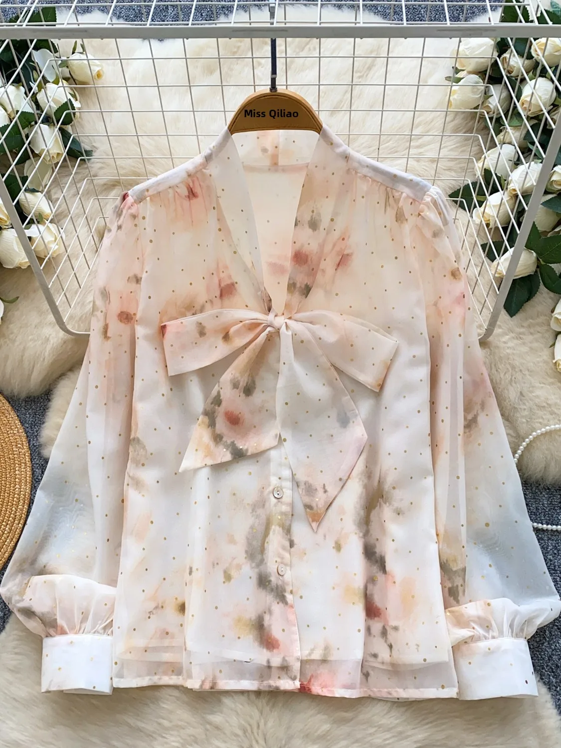 Ele V-Ne Long Sve Printed Chiffon Top with Bow Tie French Sle Loose Fit Breathable Comfortable Women's irt