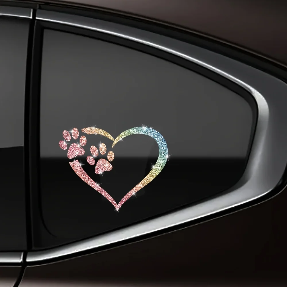 Imitation Diamond Glitter Dog Paw Heart Sticker Waterproof Vinyl Decal for Motorcycle Helmet Box Car Triangle Window Decoration