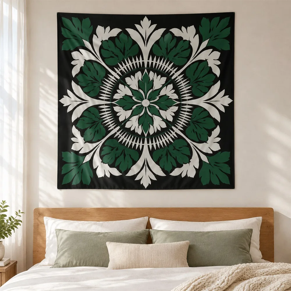 VIKAMA Hawaiian Quilt Tapestry Wall Hanging, Radiating Botanical Wall Art, Tropical Decor for Bedroom Living Room Nursery
