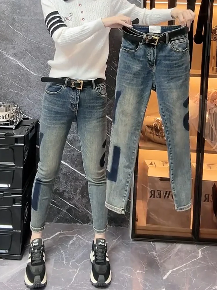 

Синие эластичные джинсовые джинсы-карандаш с высокой талией, женские осенне-зимние утягивающие джинсы маленького размера с девятью точками и манжетами с принтом