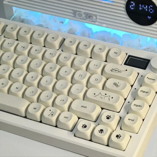 Teclas simples con tema de gato blanco lechoso, 124 teclas, sublimación PBT, perfil MOA, tapas redondas de bola, teclas de teclado mecánico coreano