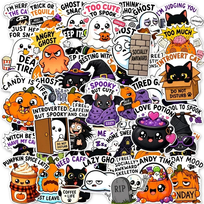 50 Pcs Cute Halloween Cartoon Stickers Ghost Pumpkin Black Cat Funny Waterproof Vinyl Decals for Journal Laptop Phone Case Gift
