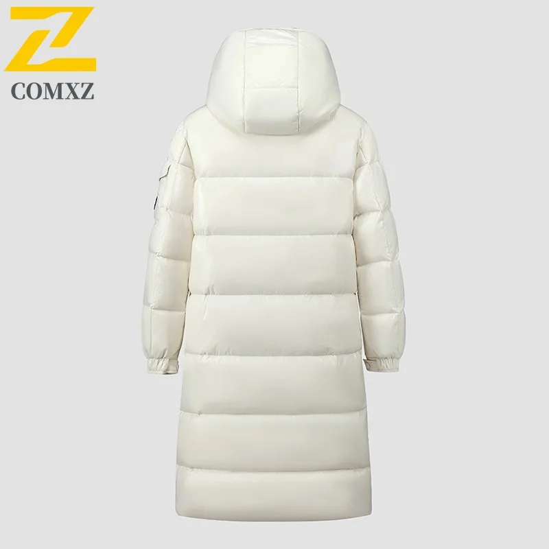 COMXZ 2025 Men Long Glossy Leather lightweight windbreaker  Winter New Youth Thickened Cold Proof Thermal outdoor Hooded Coat