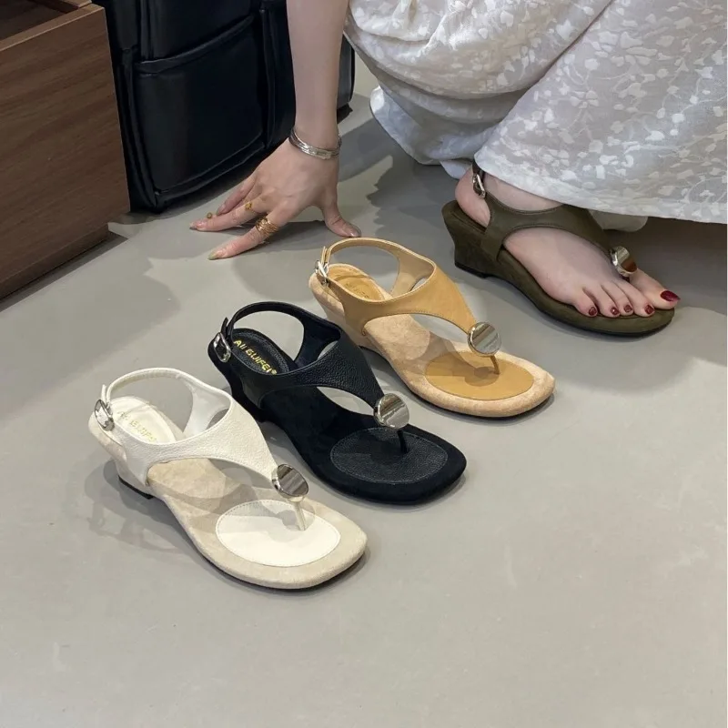

Women's Sandals French Style Temperament Square Head Wedge Sandals Summer Open-toe Pinch Toe Sandals Fashion Herringbone Sandal