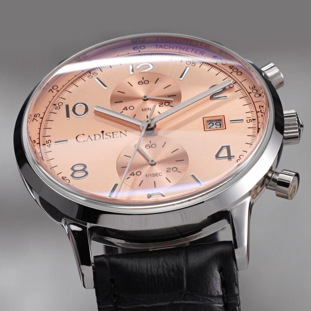 

CADISEN мужские часы кварцевые роскошные бренды MIYOTA 0S11 хронограф с механизмом Sunburst лосося циферблат AR стекло с покрытием водонепроницаемые часы