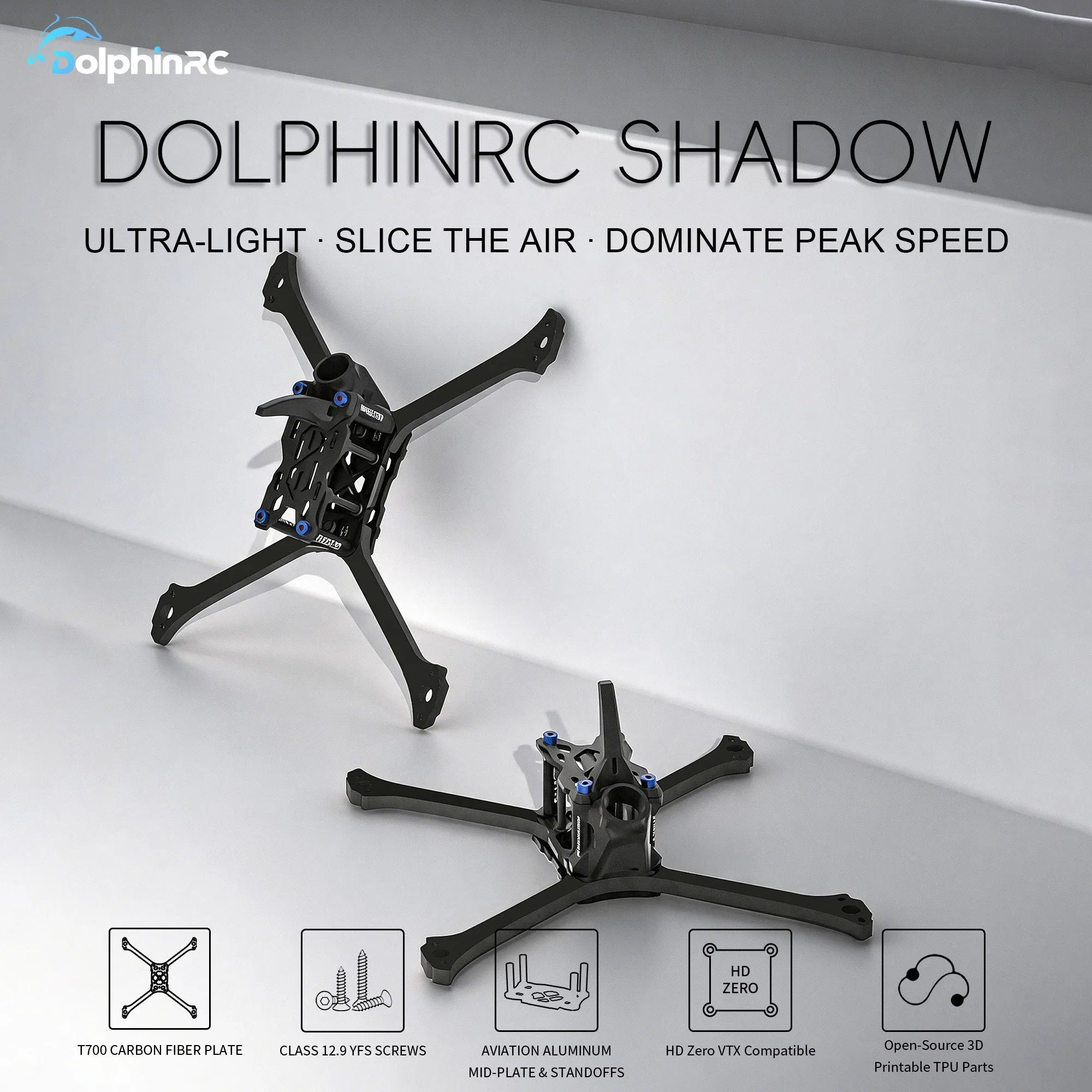 DolphinRC Shadow 5 inch FPV Racing Frame Kit 191mm Wheelbase Wide X T700 Carbon Fiber 7075 Aluminum Standoffs Compatible HDZERO