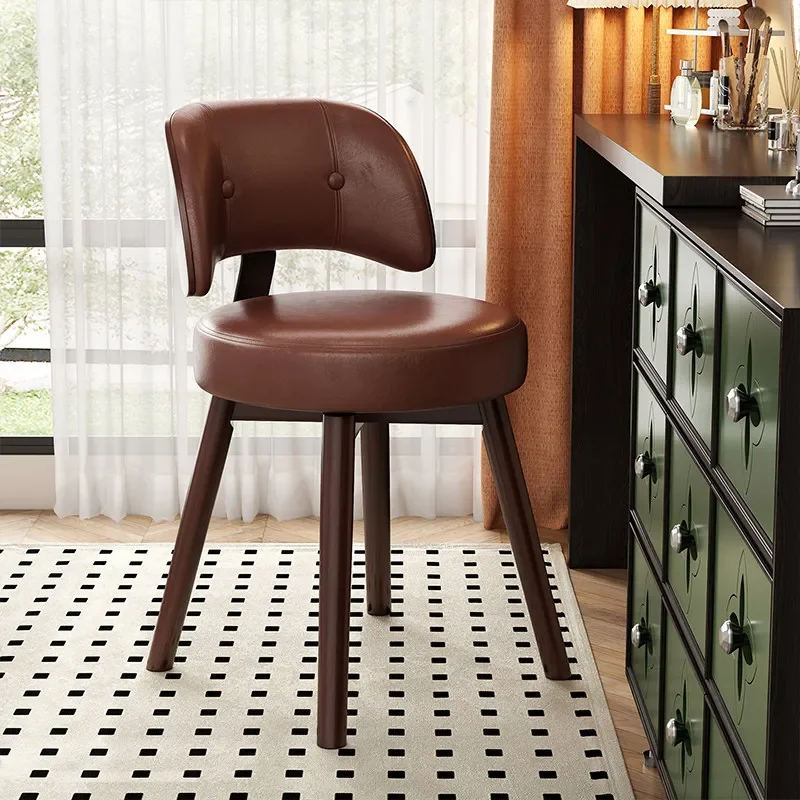 Tufted Leather Vanity Stool Curved Backrest Solid Wood Legs Round Padded Makeup Accent Chair For Dressing Room
