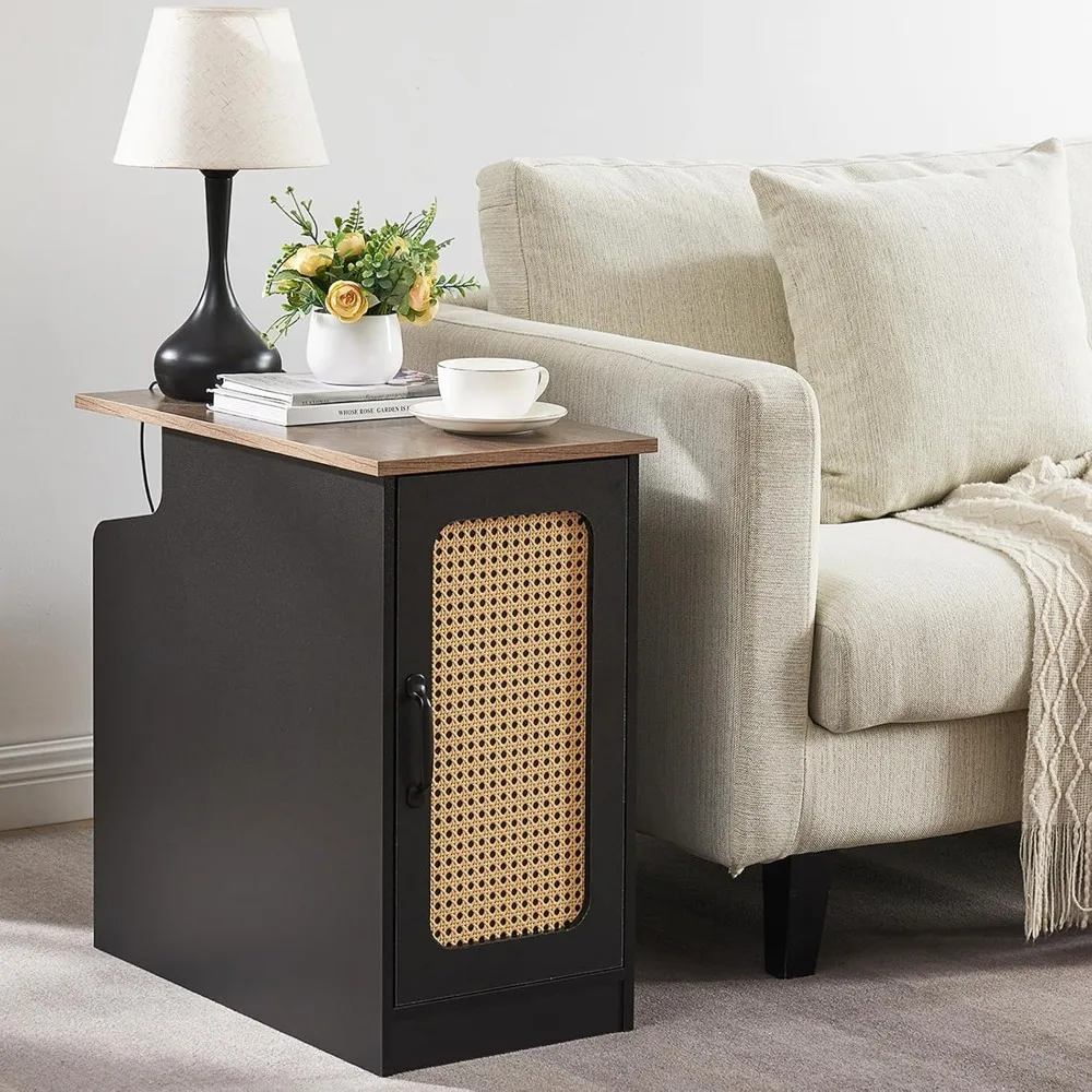 

Narrow End Table with Charging Station, 2 USB Ports and Outlets, Rattan Slim Side Table with Hidden Storage and Door, Back