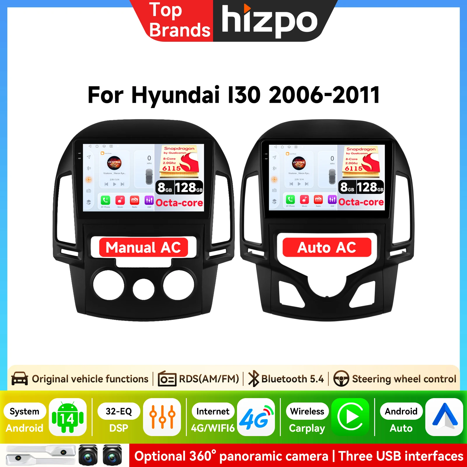 9'' Android für Hyundai I30 2006 - 2011 Auto-Radio Multimedia-Player Stereo 4G WLAN Haupteinheit GPS-Navigation Carplay Auto-Video