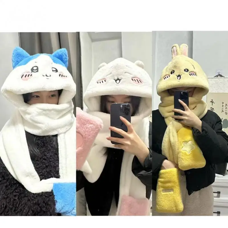 Japanese Chiikawa Plush Hat Scarf Gloves Three-In-One Anime Usage Hachiware Cute Winter Protection Warm Cap Girls Gift Christmas
