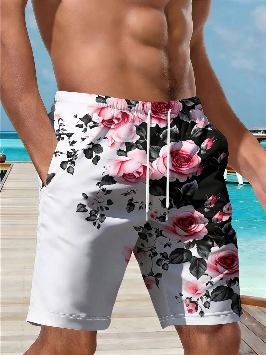 

Mens Beach Shorts With 3D Pink Rose Floral Print Casual Swim Trunks