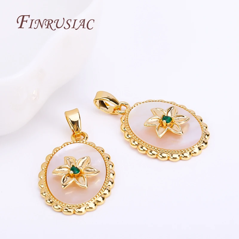 18K Real Gold Plated Oval Natural Shell with Flower Design Pendant For Necklace Making,Wholesale Pendants Charms DIY Jewelry