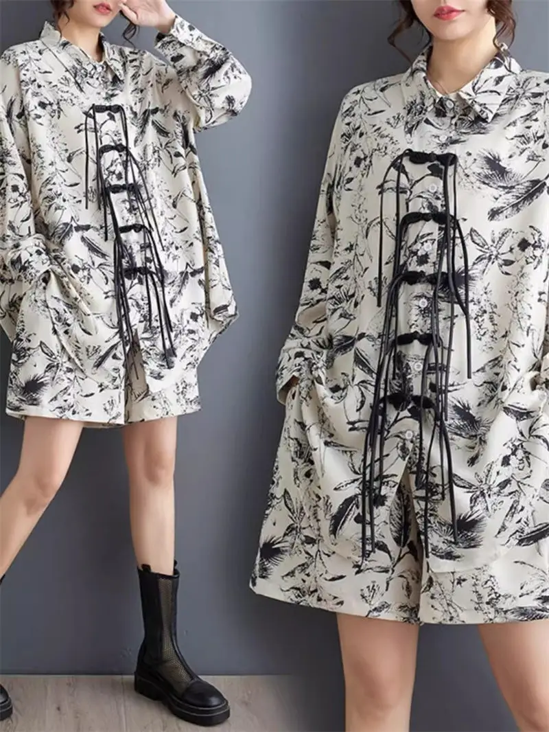 

Design Fashionable Ink Painting Splicing Shirt And Shorts Set Chinese Style Button Top Summer 2024 New Arrival Outfits K573