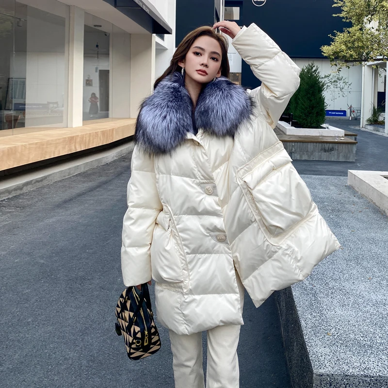 New Fashion Winter Natural Silver Fox Fur Coat Goose Down Jacket  Parkas Long Luxury Puffer Jackets Clothing Women