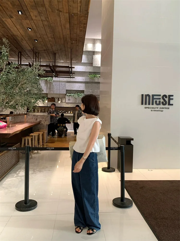 Blaue Jeans mit hoher Taille und weitem Bein und geradem Schnitt für Damen, lockere Passform, lässiges Design, Sommerfaion, bodenlange Hose in Übergröße