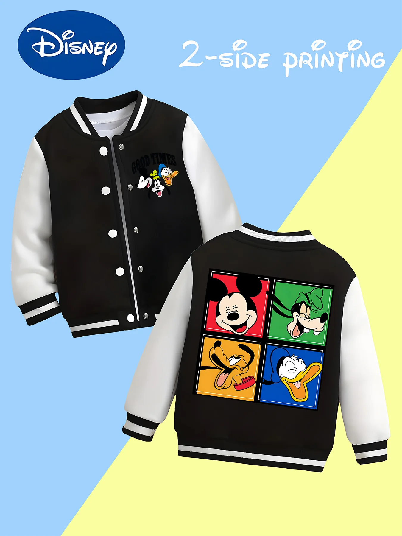 

MINISO Disney Boys' Baseball Jacket - Mickey Mouse family colorful checkered print, double-sided pattern, versatile outerwear