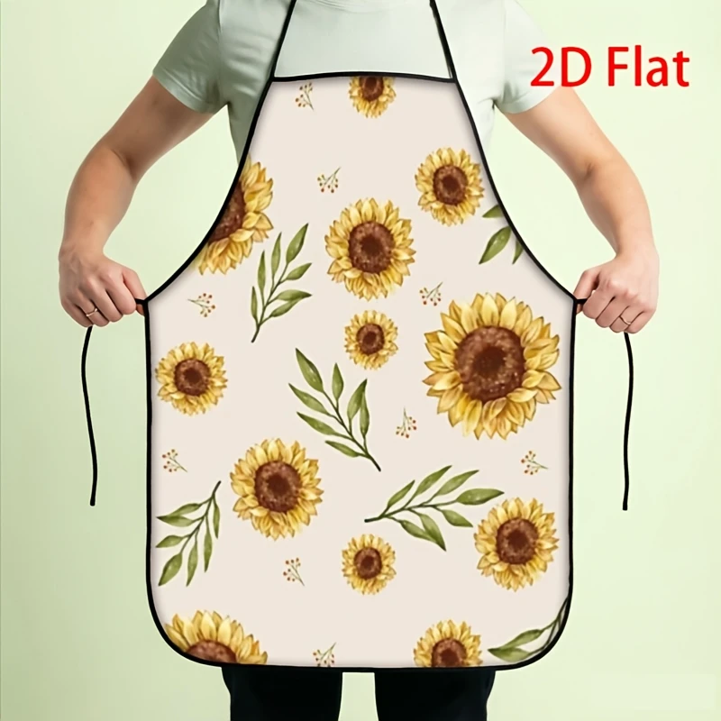1pc 2D Printed Creative Apron Sunflower Pattern Beige Background Floral Design Kitchen Cooking Baking Accessory Decorative Styli