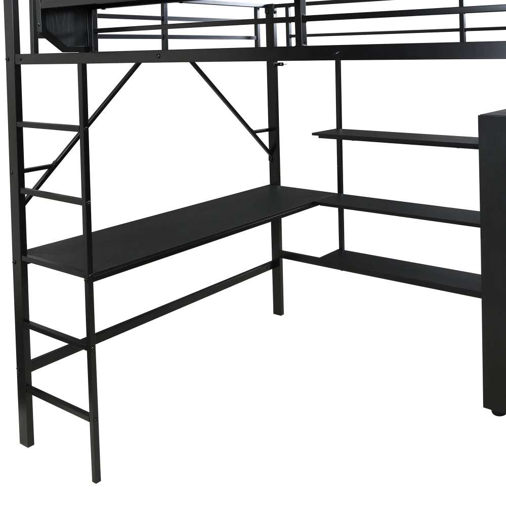 PINGGO Eisen-Hochbett mit Schreibtisch, Doppelstauraum, Kleiderschrank, Eisen-MDF, Schwarz, 140x200cm, ohne Matratze – Detail 18
