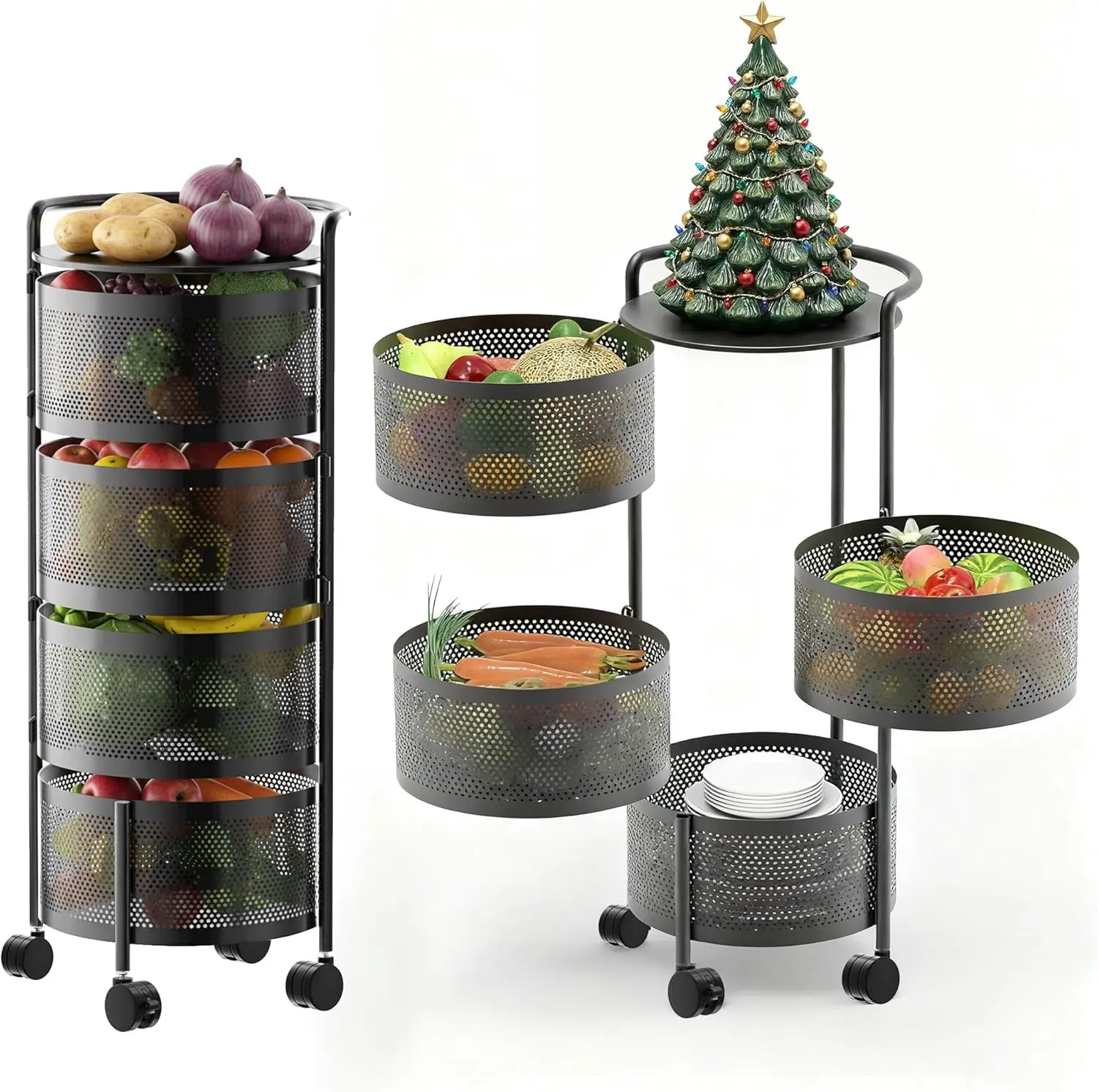 

4-х уровневая кухонная тележка на колесиках со съемными корзинами, сборка не требуется, черный металлический органайзер для хранения