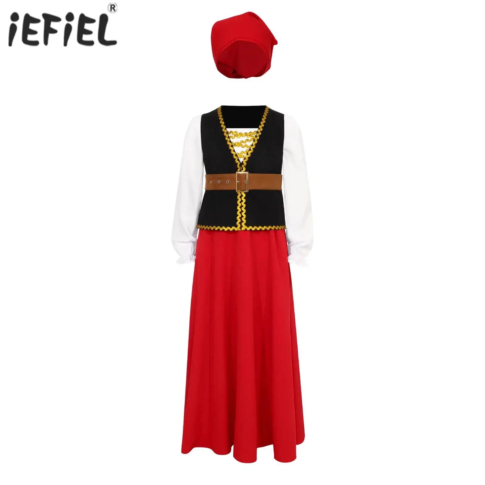 

Kids Girls Renaissance Fair Medieval Cosplay Costume Long Sleeves Shirt with Suede Belted Vest Skirt and Head Kerchief Dress Up