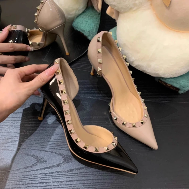 

Women's High Heel Sandals 2025New Style Riveted Side Hollow Thin Heel Pointed Sexy Temperament Shallow Mouth Women's Single Shoe