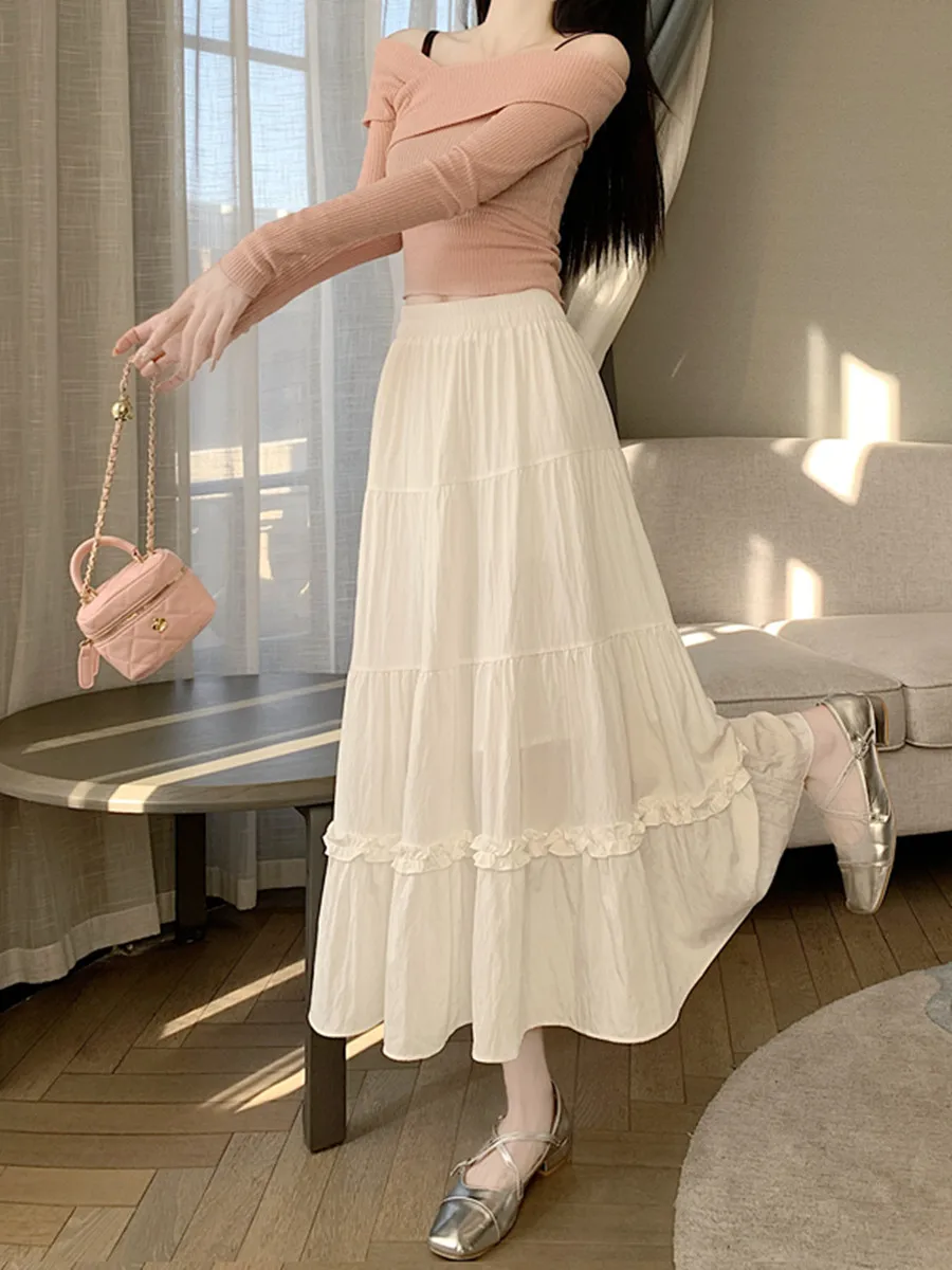 

Matching Chic lady's white skirt sweet girls cake skirt elastic waist a line mid length flare skirt