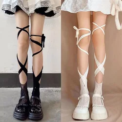 Harajuku Middle Tube Split Toe Socks Calf Sock Female Summer Black White Cross Straps Tube JK Lolita Skirt College Socks
