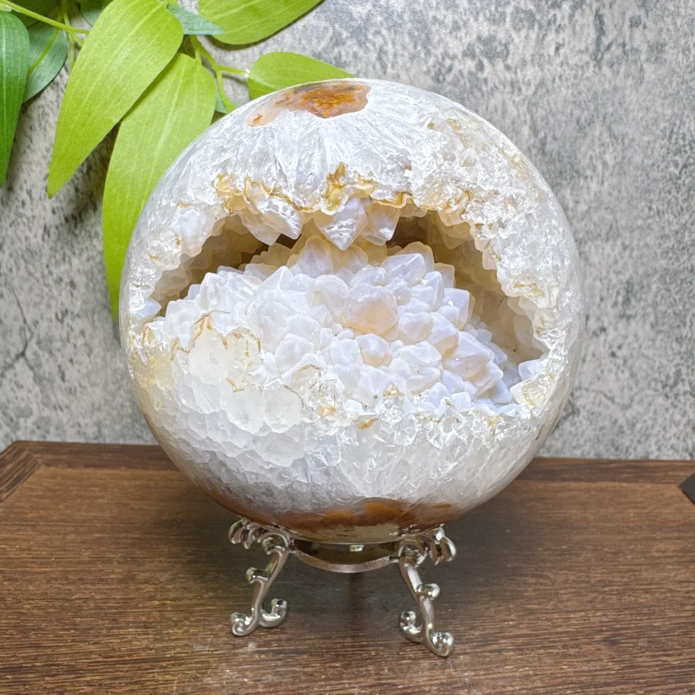 1PC Natural Yellow Flower Rutile Agate Druzy Geode Crystal Gemstone Specimen Sphere for Spiritual Meditation Reiki Healing Stone