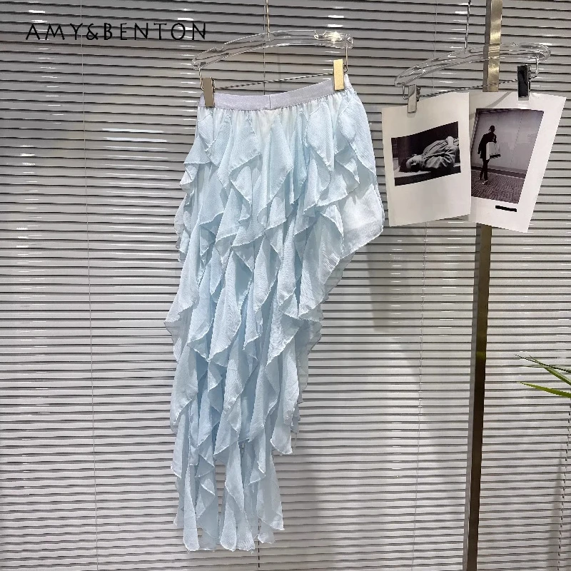 

2026 Summer New Sweet Beveled Level Women's Medium Long Skirt Korean Design Sweet Cool Fashion Versatile Gauze Skirts Ladies