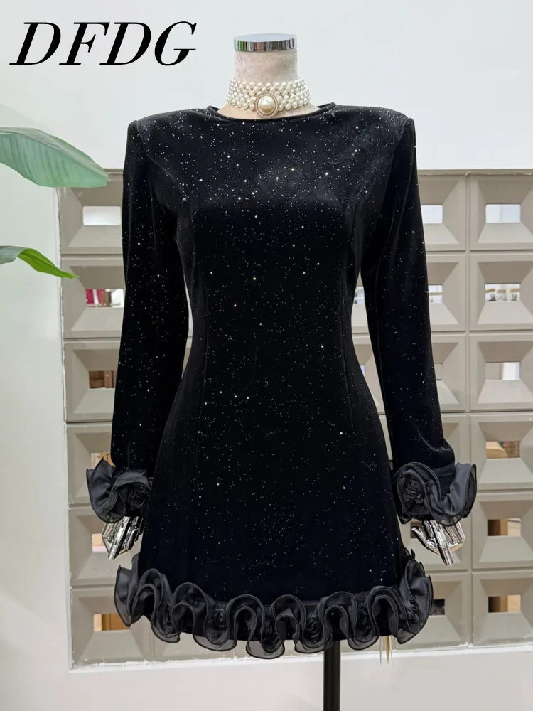 DFDG Women’s Little Black Dress Velvet Patch Lace Elegant Cocktail Party Short Sleeve Waist Spring Summer Dinner Banquet Dress
