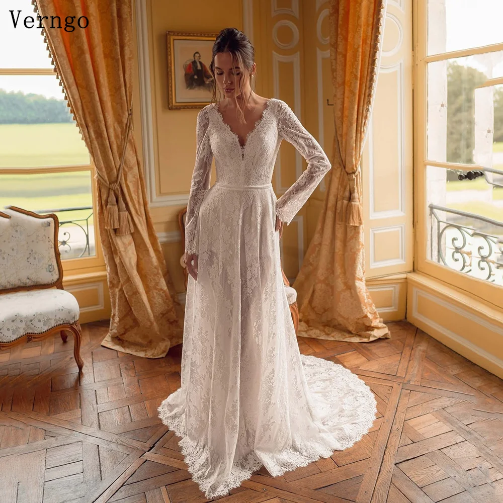 Verngo lvory Lace Wedding Dress Elegant V Neck Full Sleeves Bridal Gowns Women Side Slit Sweap Train Bride Dresses Customized