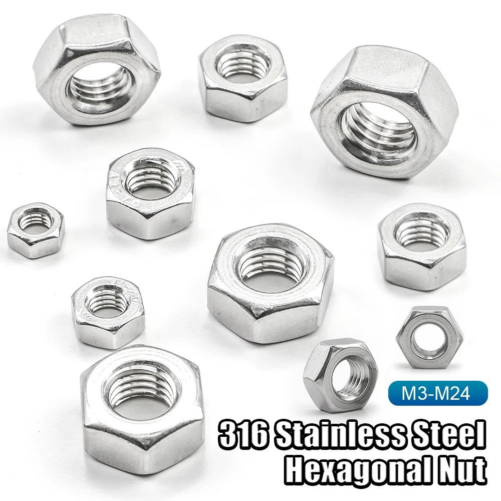 NNDEJIN 1-50pcs Hexagon Nut M3 M4 M5 M6 M8 M10 M12 M14 M16 M18 M20 M22 M24 316 Stainless Steel Metric Standard Thread Hex Nut