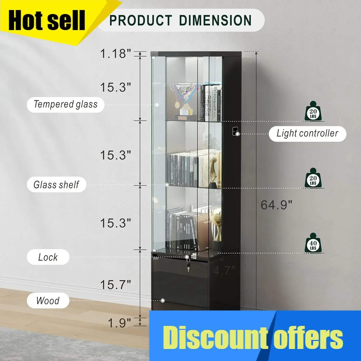 Glass Door Lockable Display Cabinet Lighted Curio Cabinet 3 Tier Glass Display Case Human Body Sensor Collectibles Living Room B