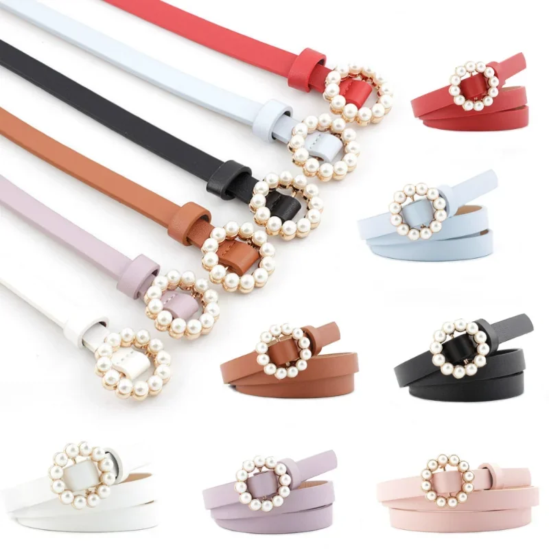 

New Korean Fashion Versatile Women's Smooth Buckle Belt with Round Inlaid Decoration Pearl Belt Women's Clothing Accessories