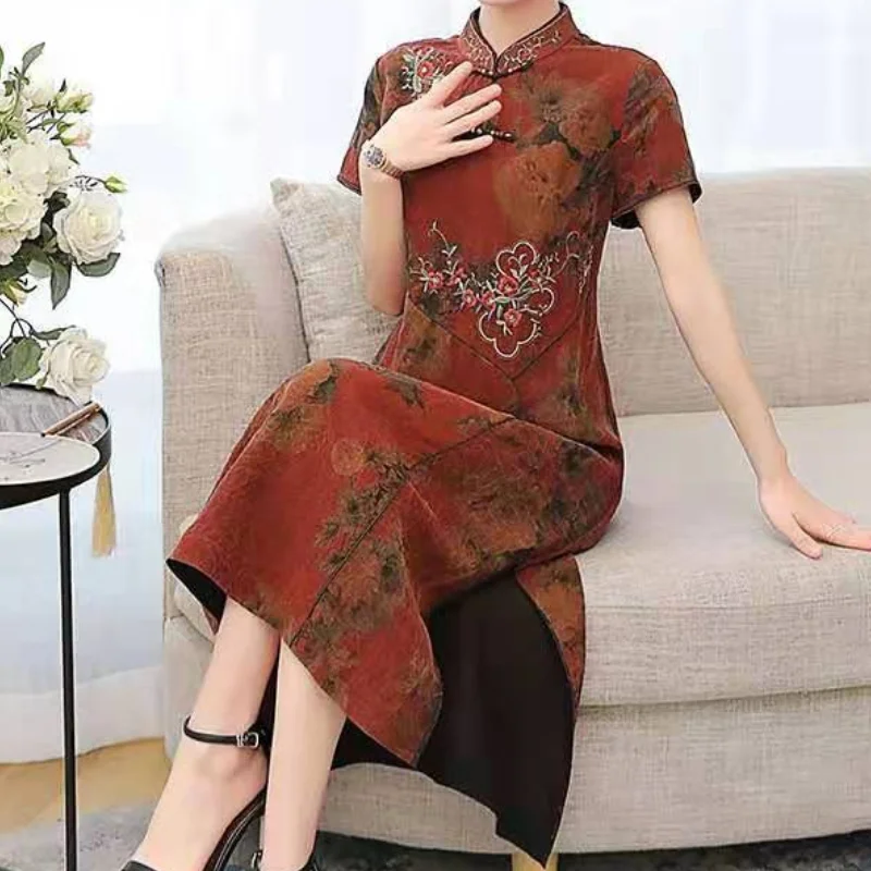 

Stand Collar Female Chinese Traditional Dress Short Sleeve Long Qipao Printed Flower Cheongsam Silk Summer Side Split Vestidos