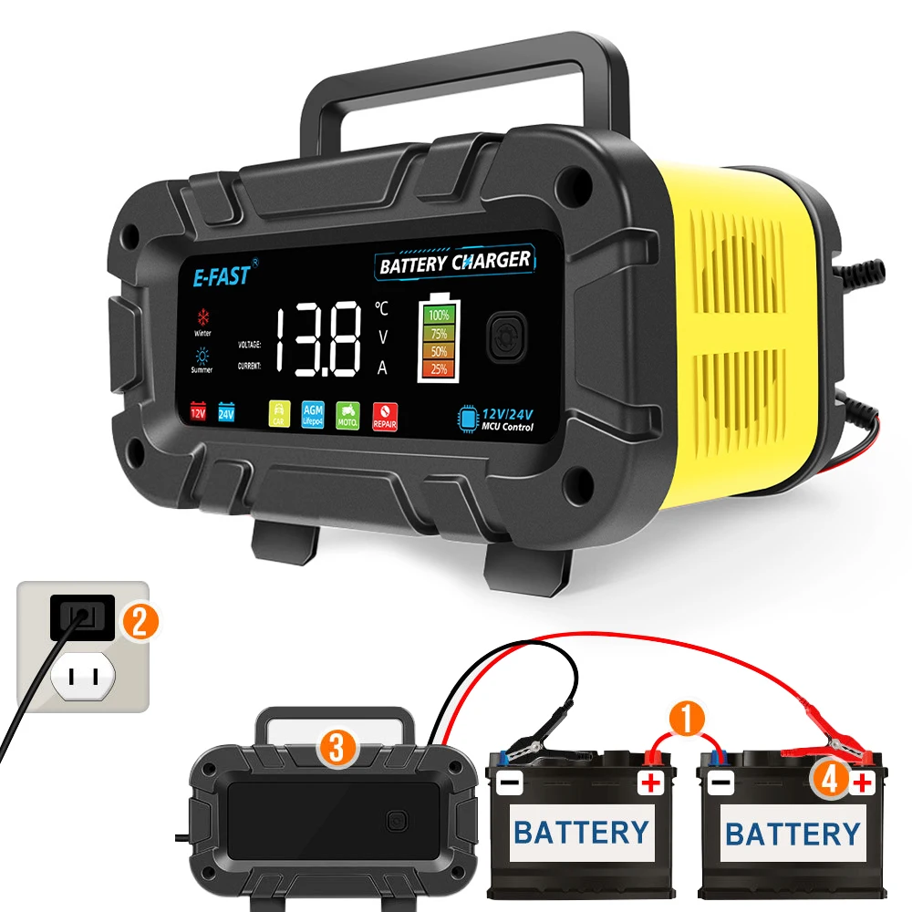 Pulse Repair Battery Charging Smart Car Battery Charger 12V 24V 20A High Power Intelligent For Motorcycle SUV Truck LED Display