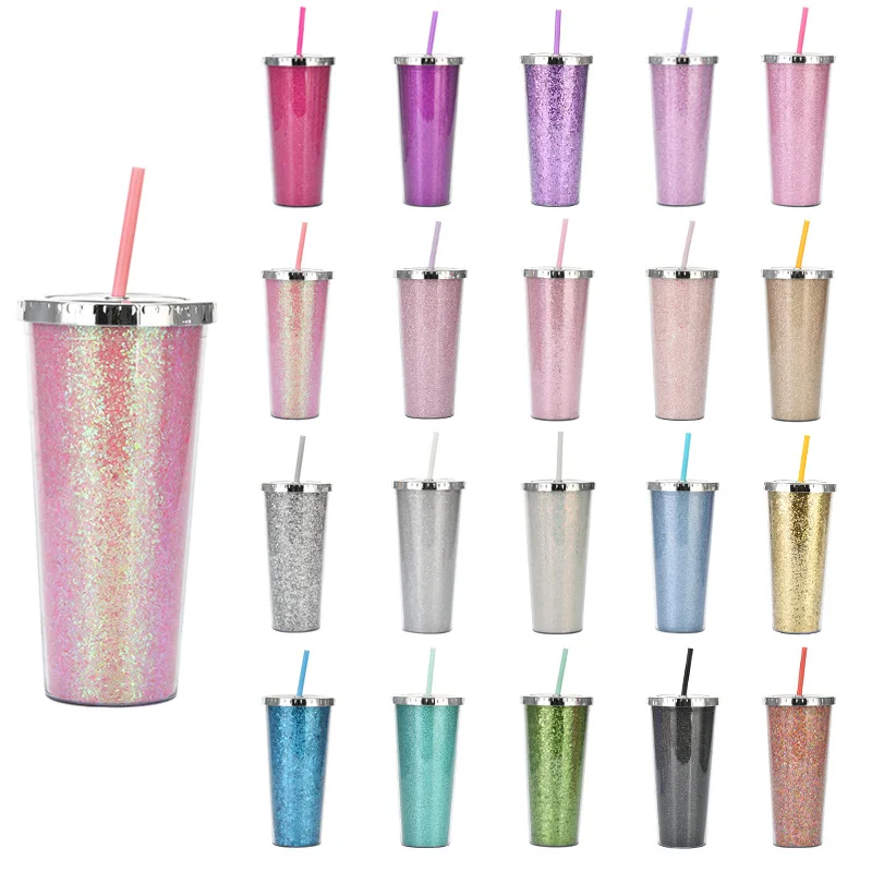 

24OZ Double Layer Plastic Water Bottle With Straw Large Capacity Milk Tea Fruit Juice Cold Drink Coffee Sippy Water Cup Reusable