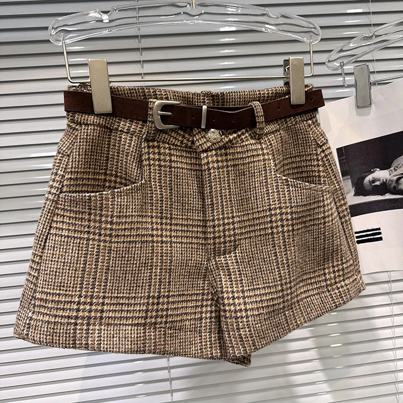 2025 outono inverno novo retro xadrez cor bloqueando casual com cinto moda versátil shorts botas calças para mulher